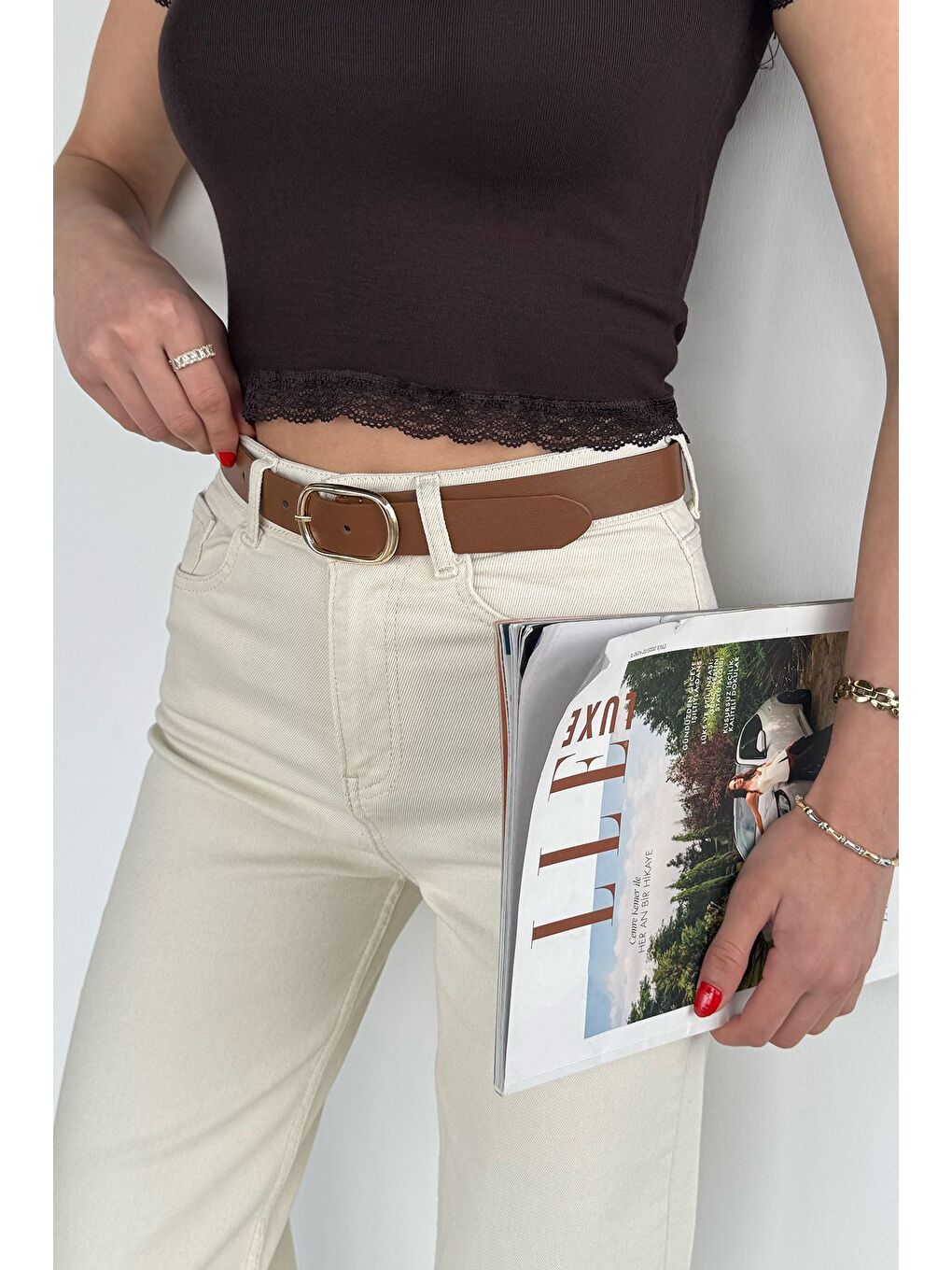 Bej Kadın Kemerli Jean Jean Pantolon-3