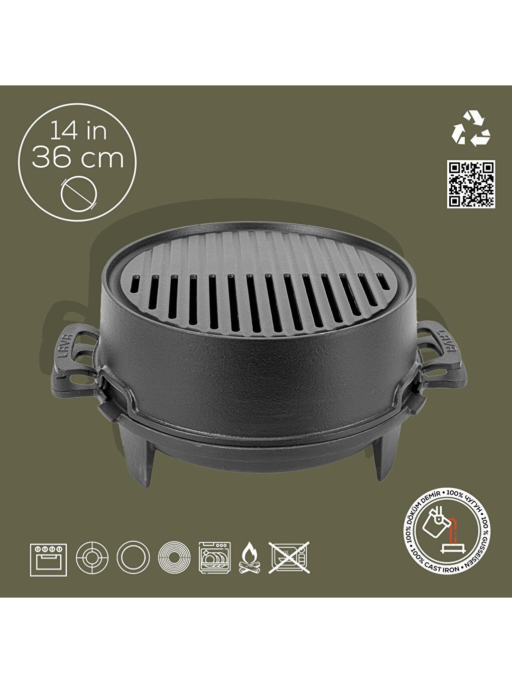 Siyah Yuvarlak Mangal Izgara Set Döküm Demir Yekpare Çift Kulplu Çap (Ø)36cm.-4