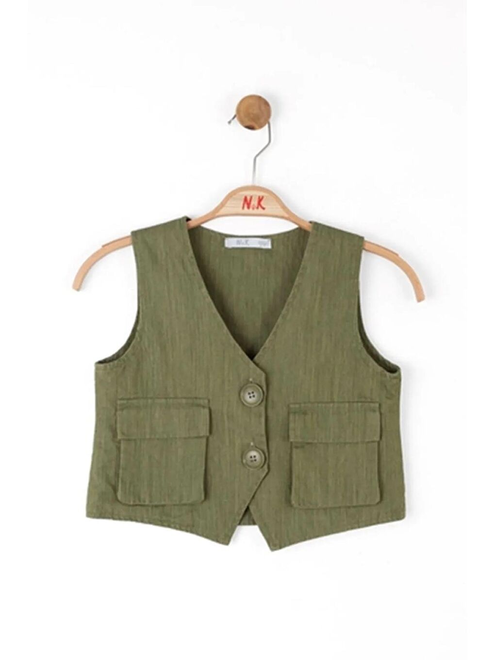 Yeşil Kız Çocuk Keten İkili Takım – Düğmeli Yelek Ve Cepli Bol Paça Pantolon-2