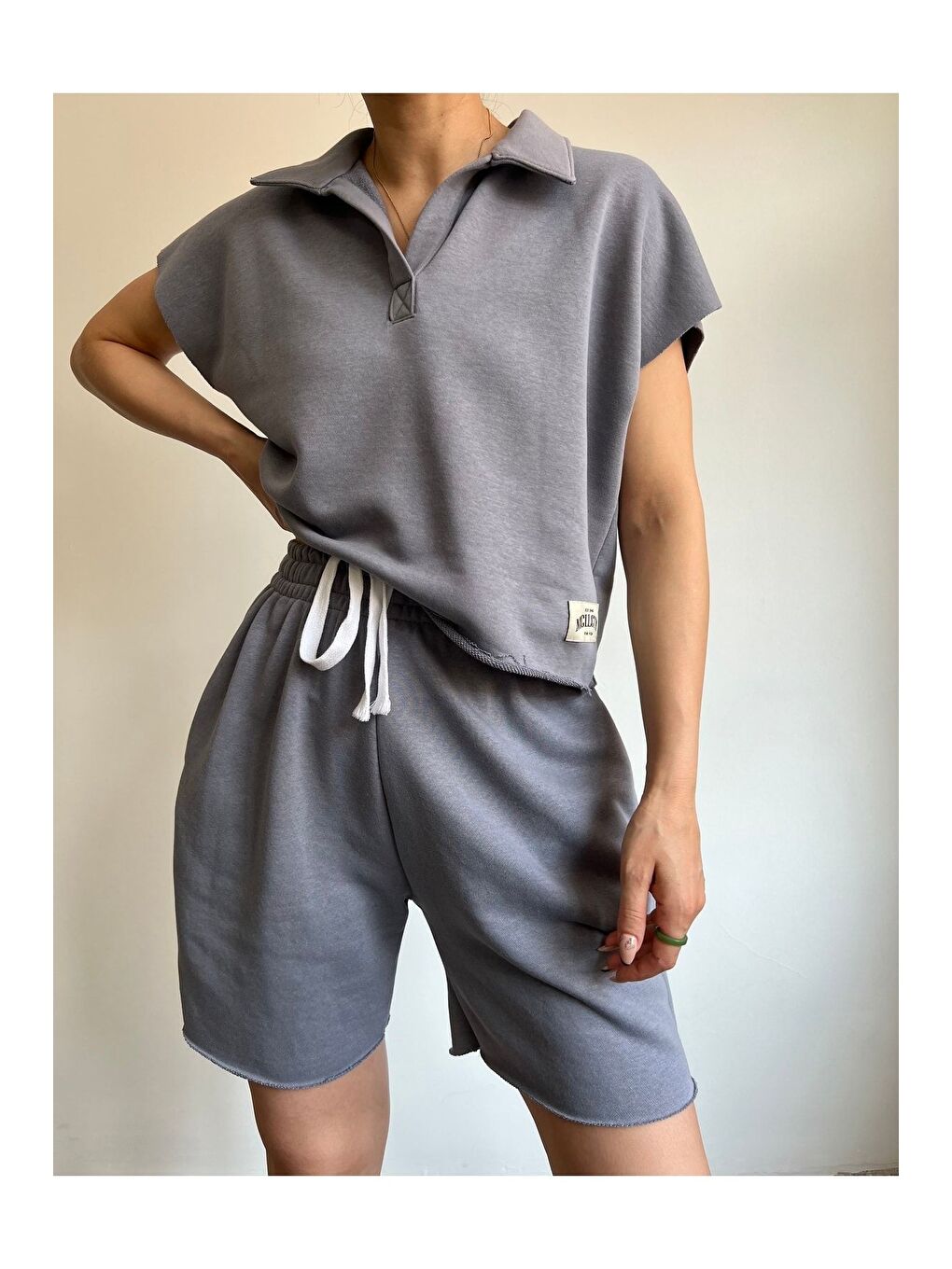 Gri Polo Yaka Duman Şort Takım-2