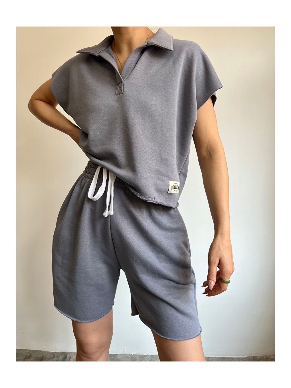 Gri Polo Yaka Duman Şort Takım-3