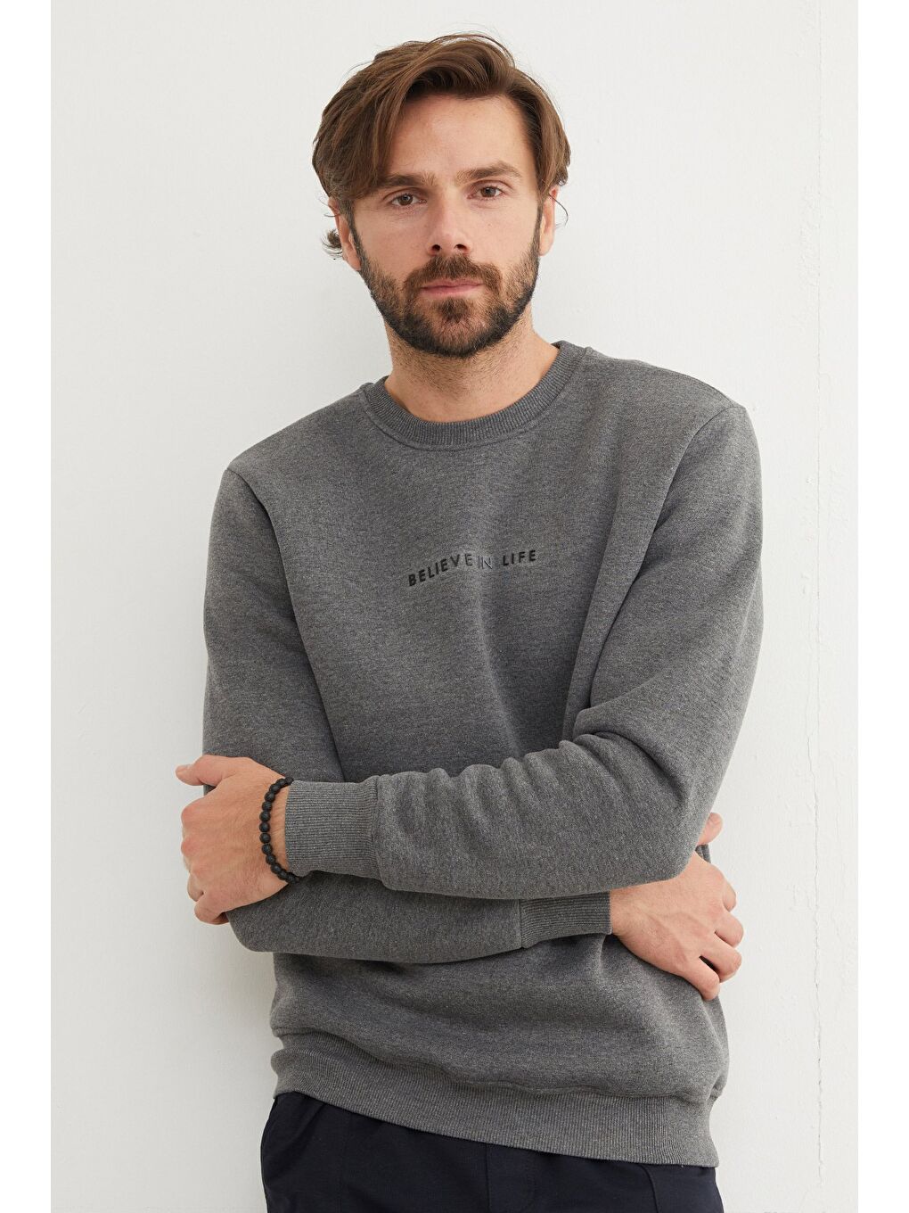 Antrasit 3 İplik Believe In Life Kabartma Baskılı Sweatshirt-4