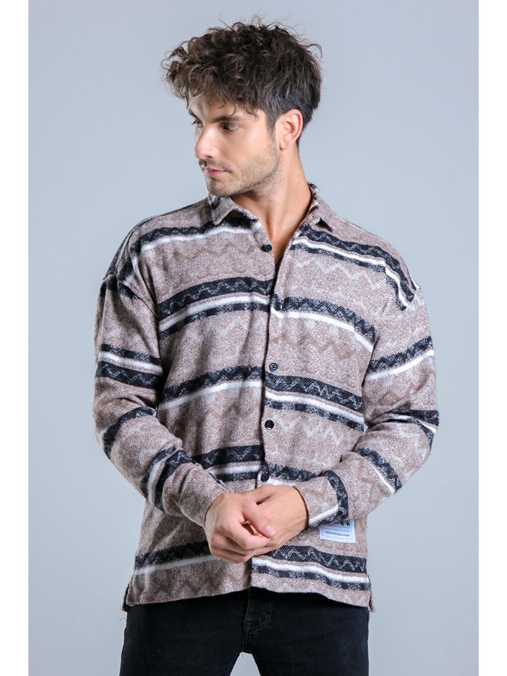 Kahverengi Oversize Desenli Kışlık Erkek Gömlek MAR Over20-2