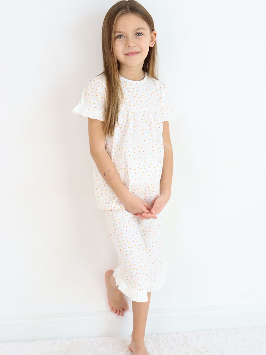 Ekru Bisiklet Yaka Kısa Kollu Kız Bebek Pijama Takımı-3