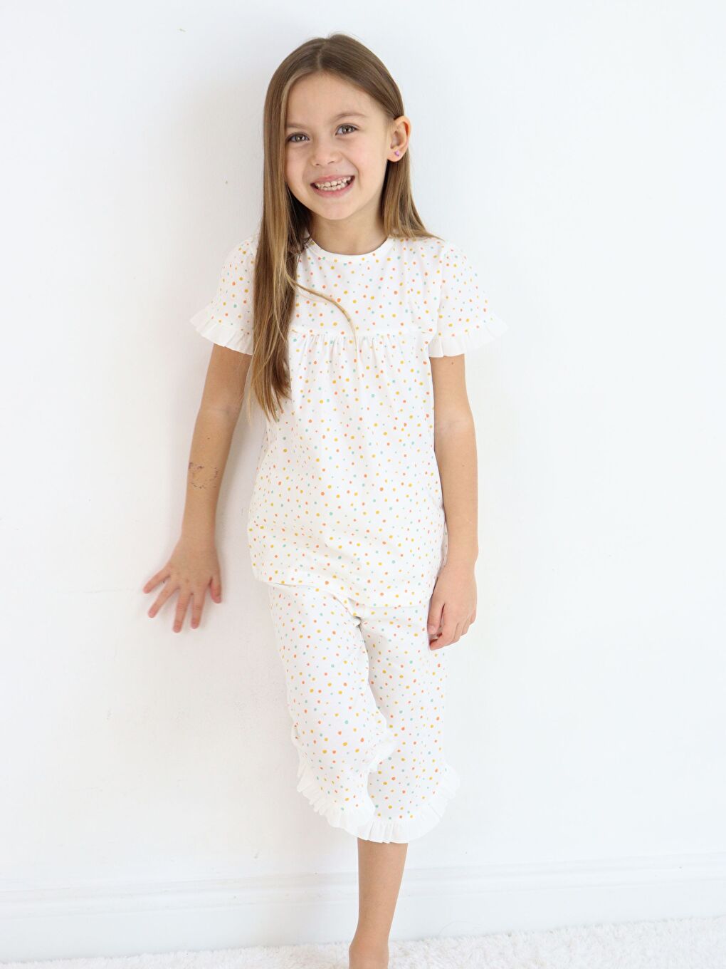 Ekru Bisiklet Yaka Kısa Kollu Kız Bebek Pijama Takımı-5