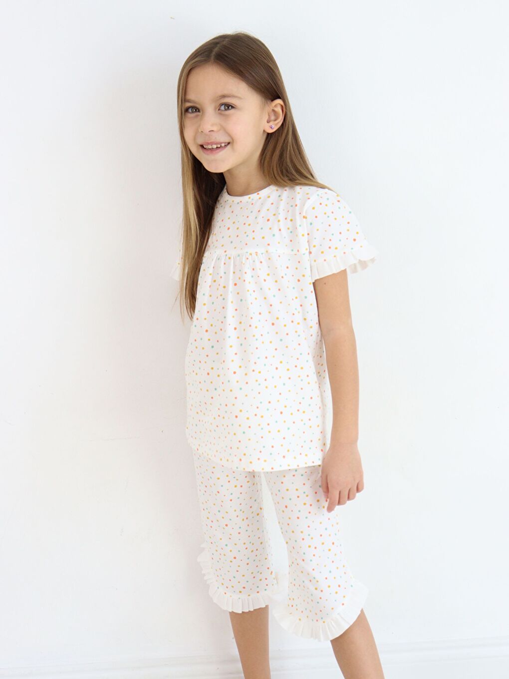 Ekru Bisiklet Yaka Kısa Kollu Kız Bebek Pijama Takımı-6