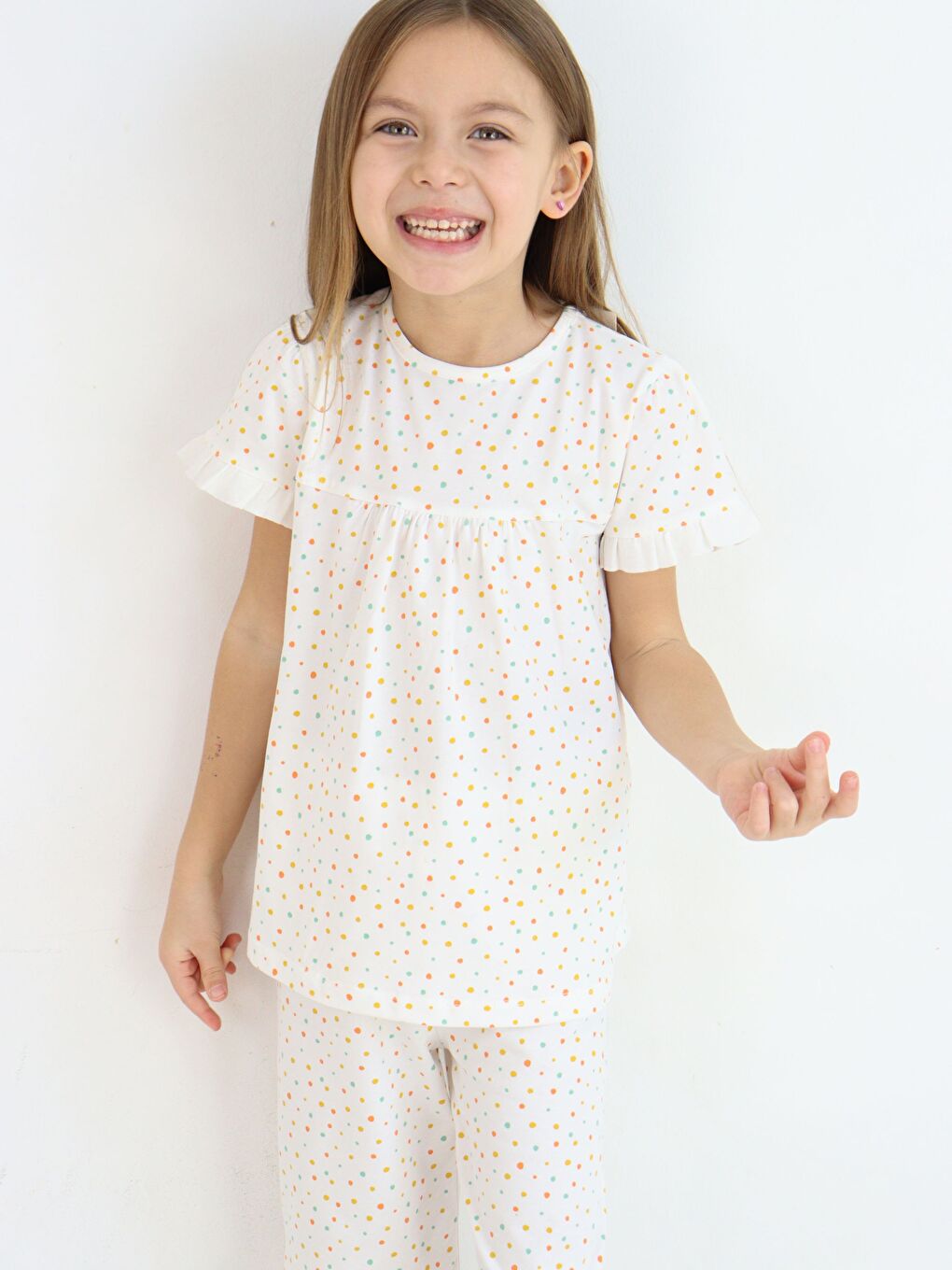 Ekru Bisiklet Yaka Kısa Kollu Kız Bebek Pijama Takımı-7