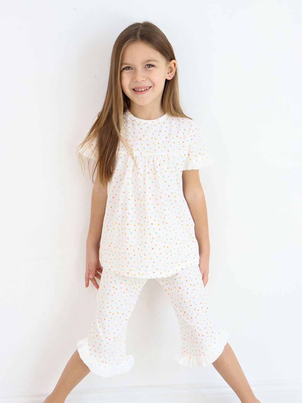 Ekru Bisiklet Yaka Kısa Kollu Kız Bebek Pijama Takımı-8