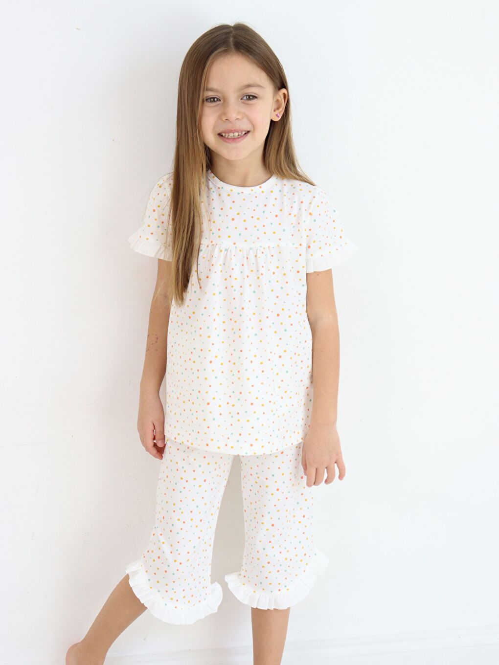 Ekru Bisiklet Yaka Kısa Kollu Kız Bebek Pijama Takımı-9