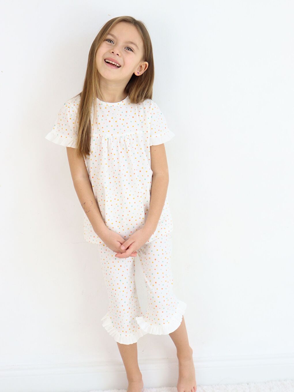 Ekru Bisiklet Yaka Kısa Kollu Kız Bebek Pijama Takımı-10