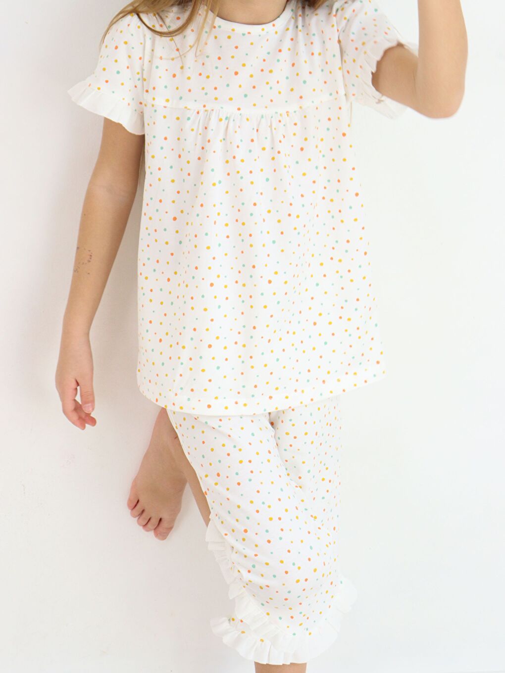 Ekru Bisiklet Yaka Kısa Kollu Kız Bebek Pijama Takımı-11