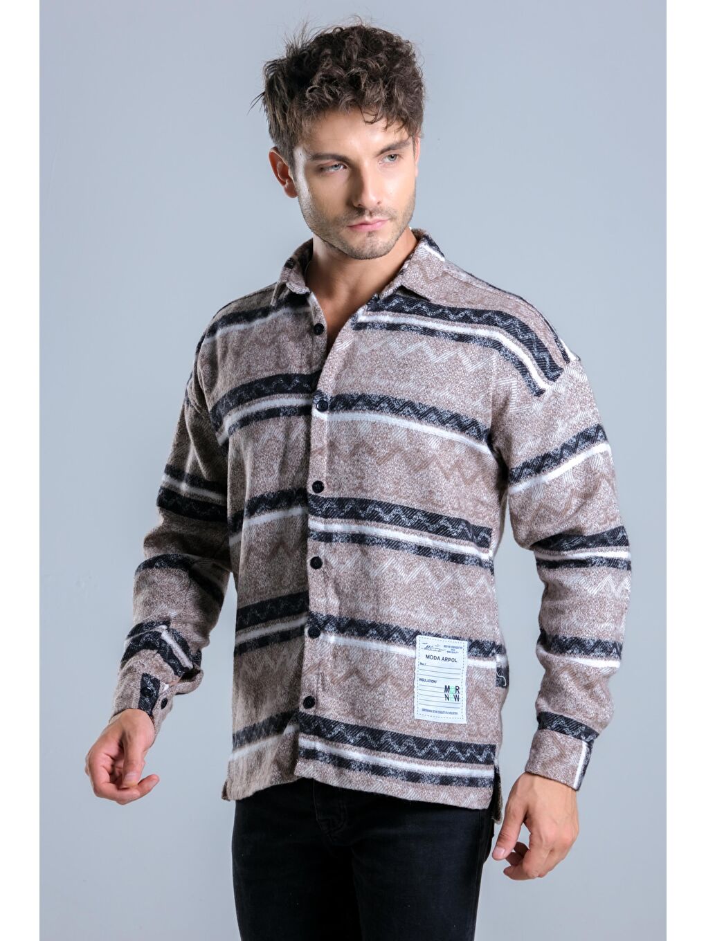 Kahverengi Oversize Desenli Kışlık Erkek Gömlek MAR Over20-4