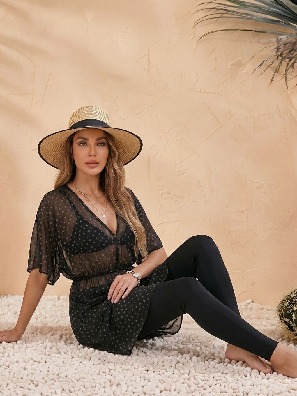 Kadın Siyah Çiçek Tül Plaj elbisesi-2