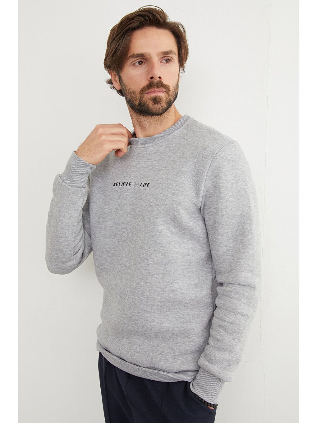 Gri 3 İplik Believe In Life Kabartma Baskılı Büyük Beden Sweatshirt