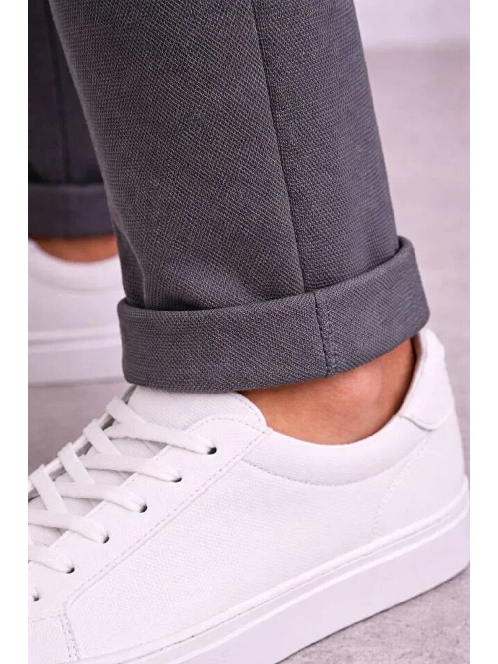 Gri Erkek Diagonel Mikro Dokulu Duble Paça Cepli Pantolon Bağcıklı Bel, Modern Kesim - Füme-1