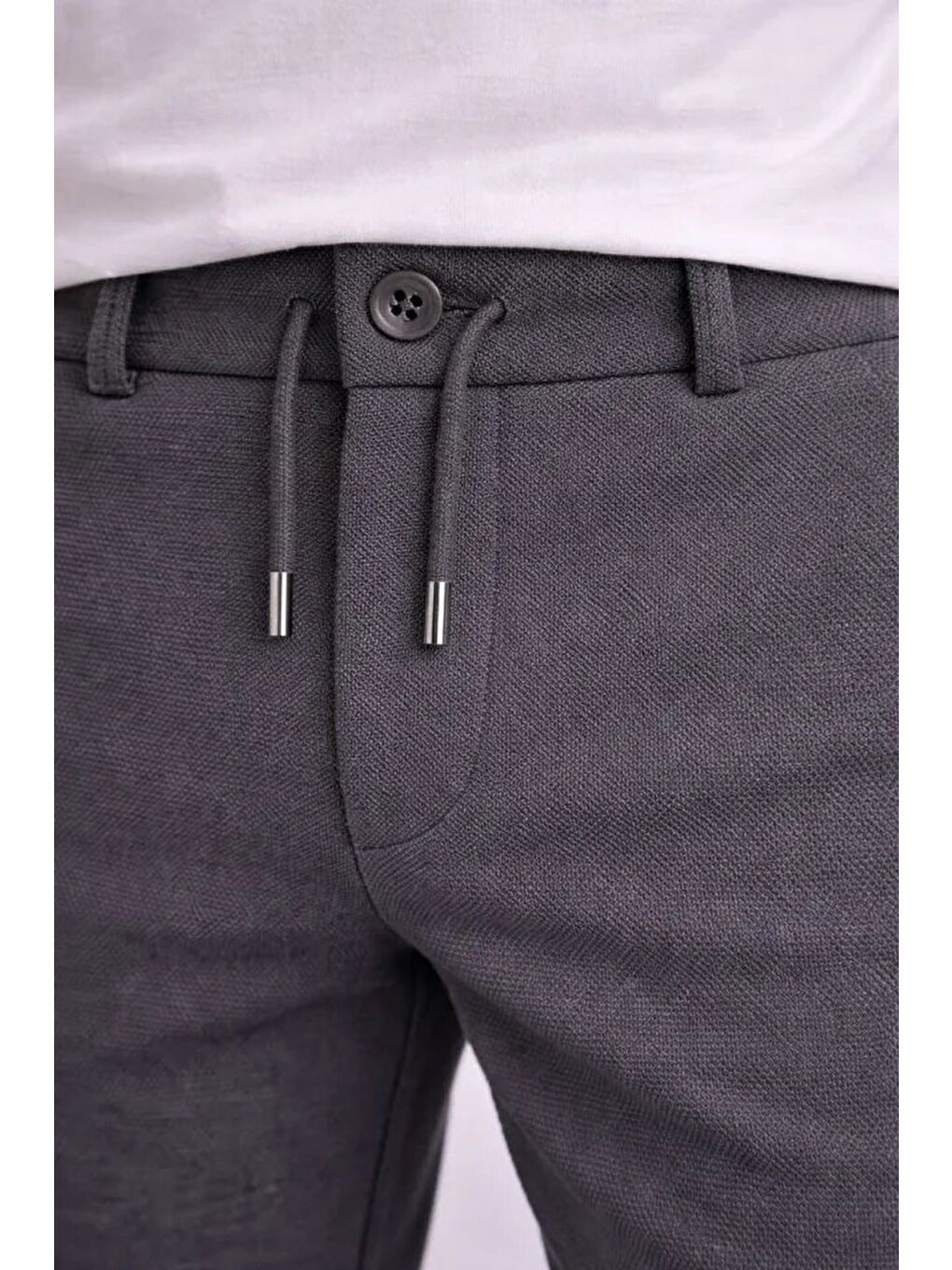 Gri Erkek Diagonel Mikro Dokulu Duble Paça Cepli Pantolon Bağcıklı Bel, Modern Kesim - Füme-2