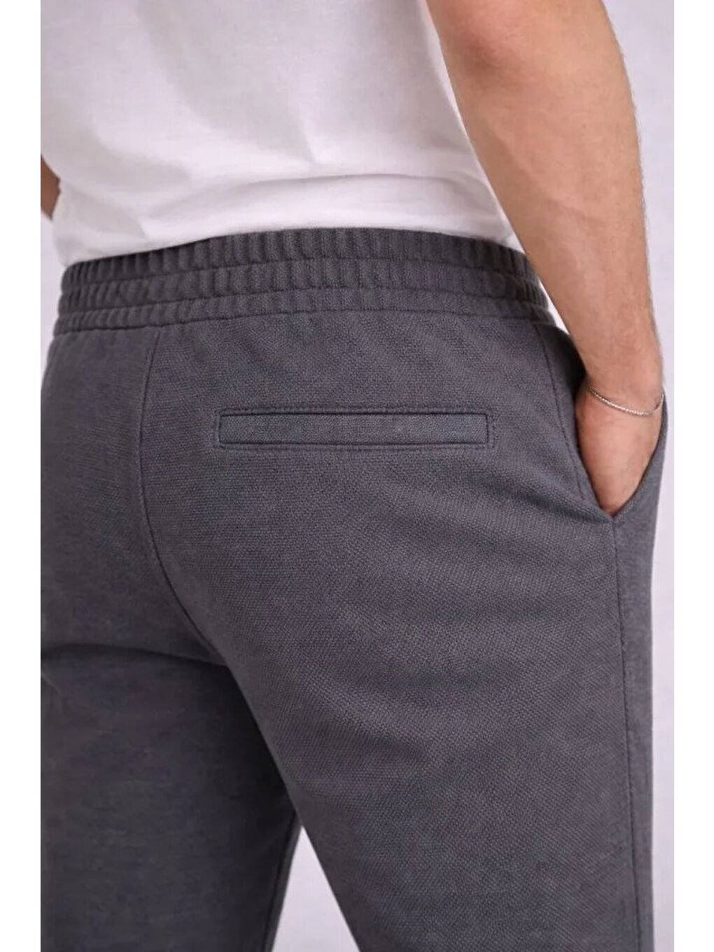 Gri Erkek Diagonel Mikro Dokulu Duble Paça Cepli Pantolon Bağcıklı Bel, Modern Kesim - Füme-3
