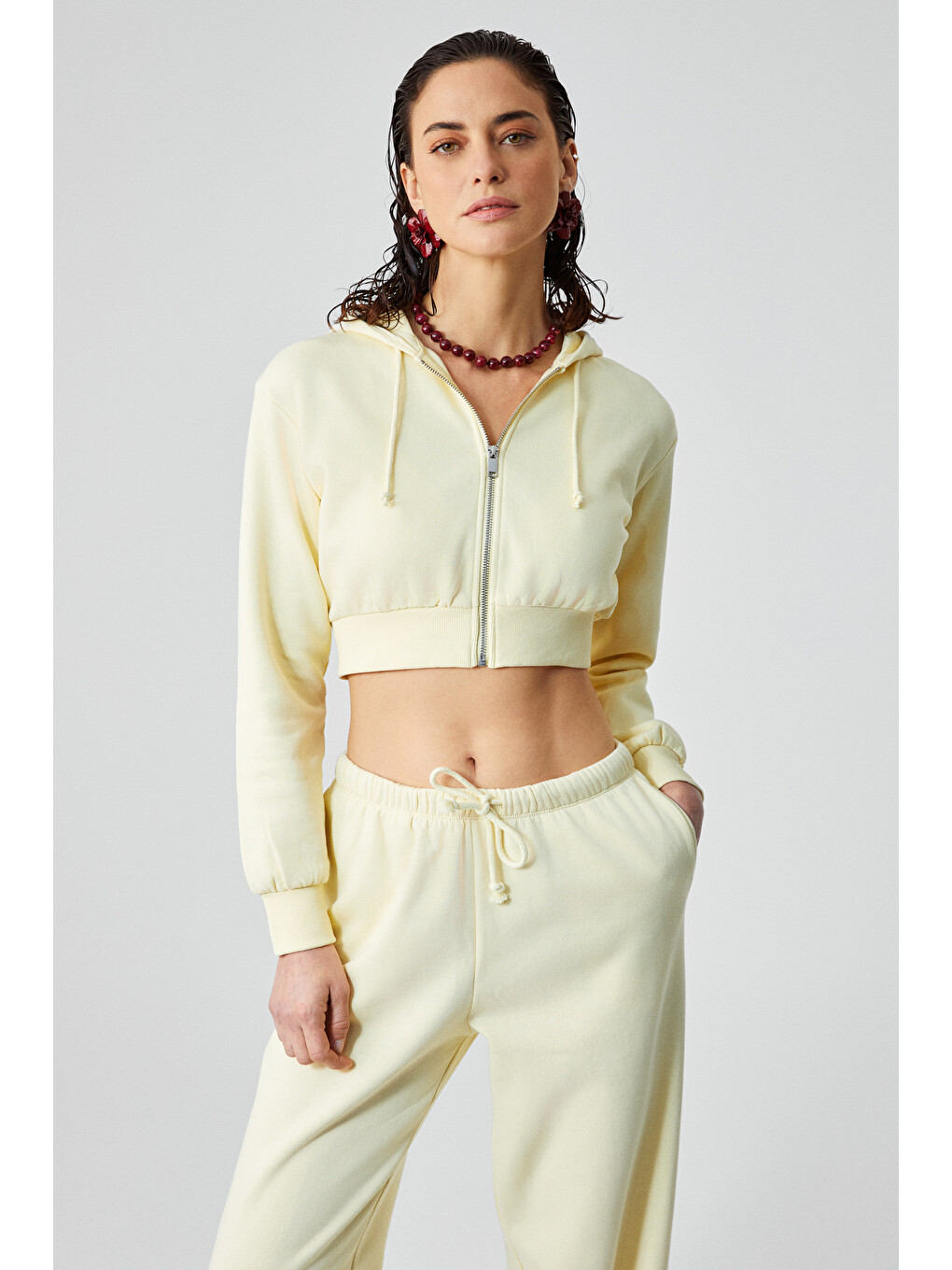 Aruba Kadın %100 Pamuk Uzun Kol Crop Sarı Sweatshirt-2