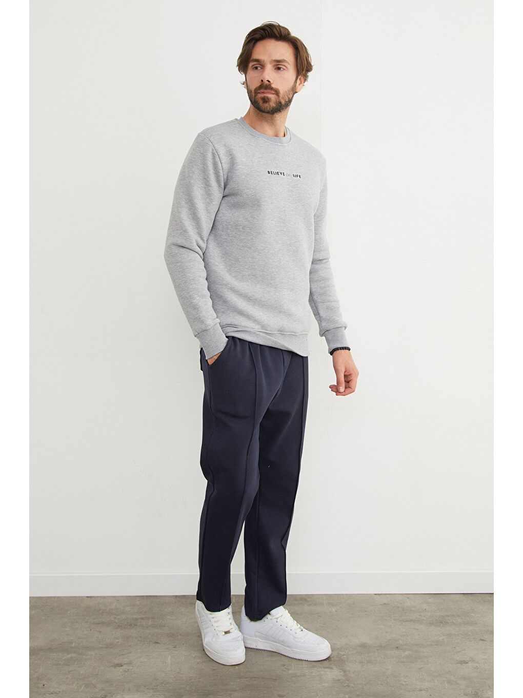 Gri 3 İplik Believe In Life Kabartma Baskılı Büyük Beden Sweatshirt-3