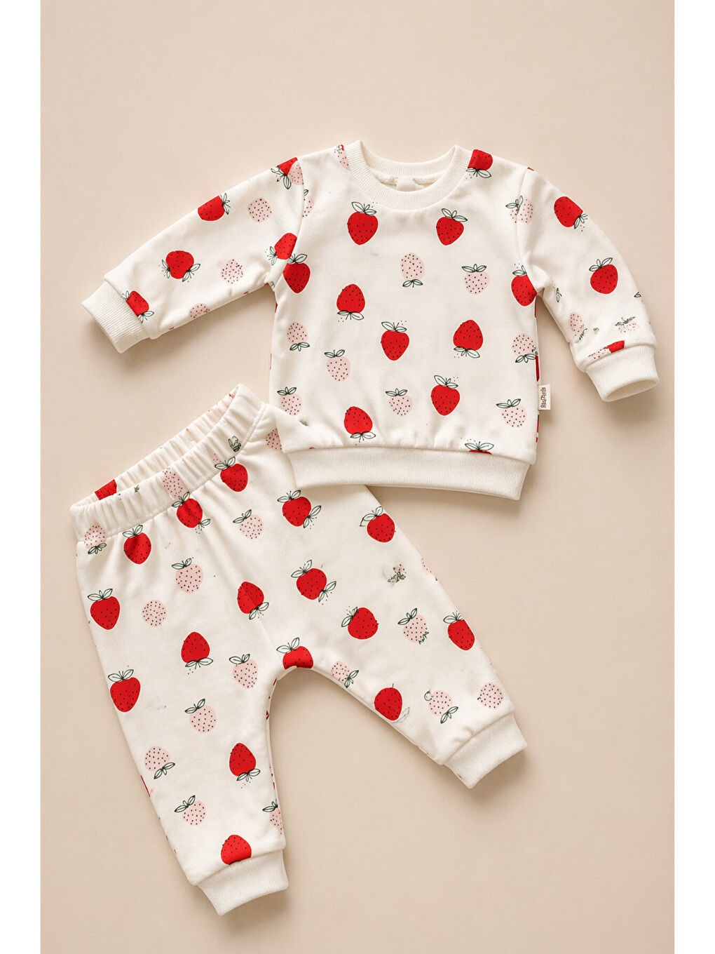 Beyaz Kız Bebek Çilek Desenli  İkili Takım Organik Pamuklu Uzun Kollu Alt Üst Set (0–24 Ay)-1