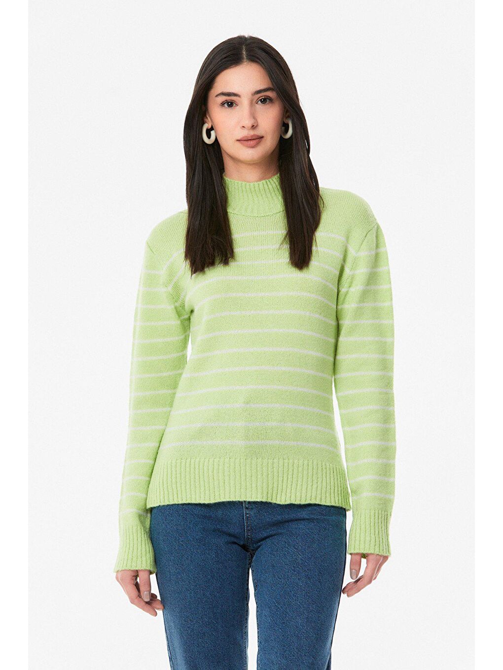 Yeşil Çizgili Dik Yaka Triko Kazak