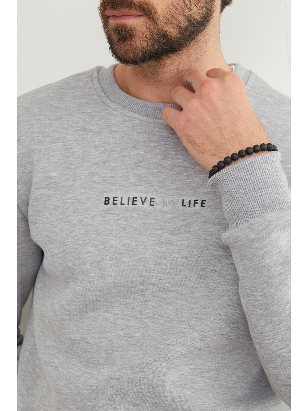 Gri 3 İplik Believe In Life Kabartma Baskılı Büyük Beden Sweatshirt-4