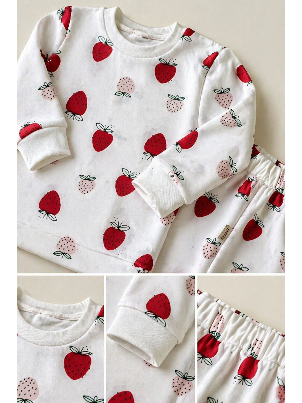 Beyaz Kız Bebek Çilek Desenli  İkili Takım Organik Pamuklu Uzun Kollu Alt Üst Set (0–24 Ay)-3