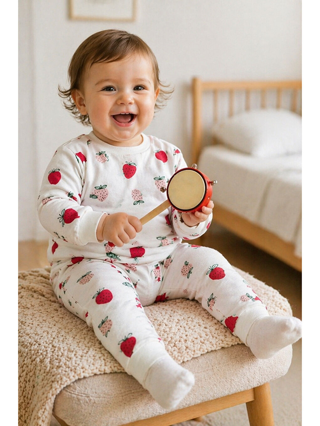 Beyaz Kız Bebek Çilek Desenli  İkili Takım Organik Pamuklu Uzun Kollu Alt Üst Set (0–24 Ay)-5