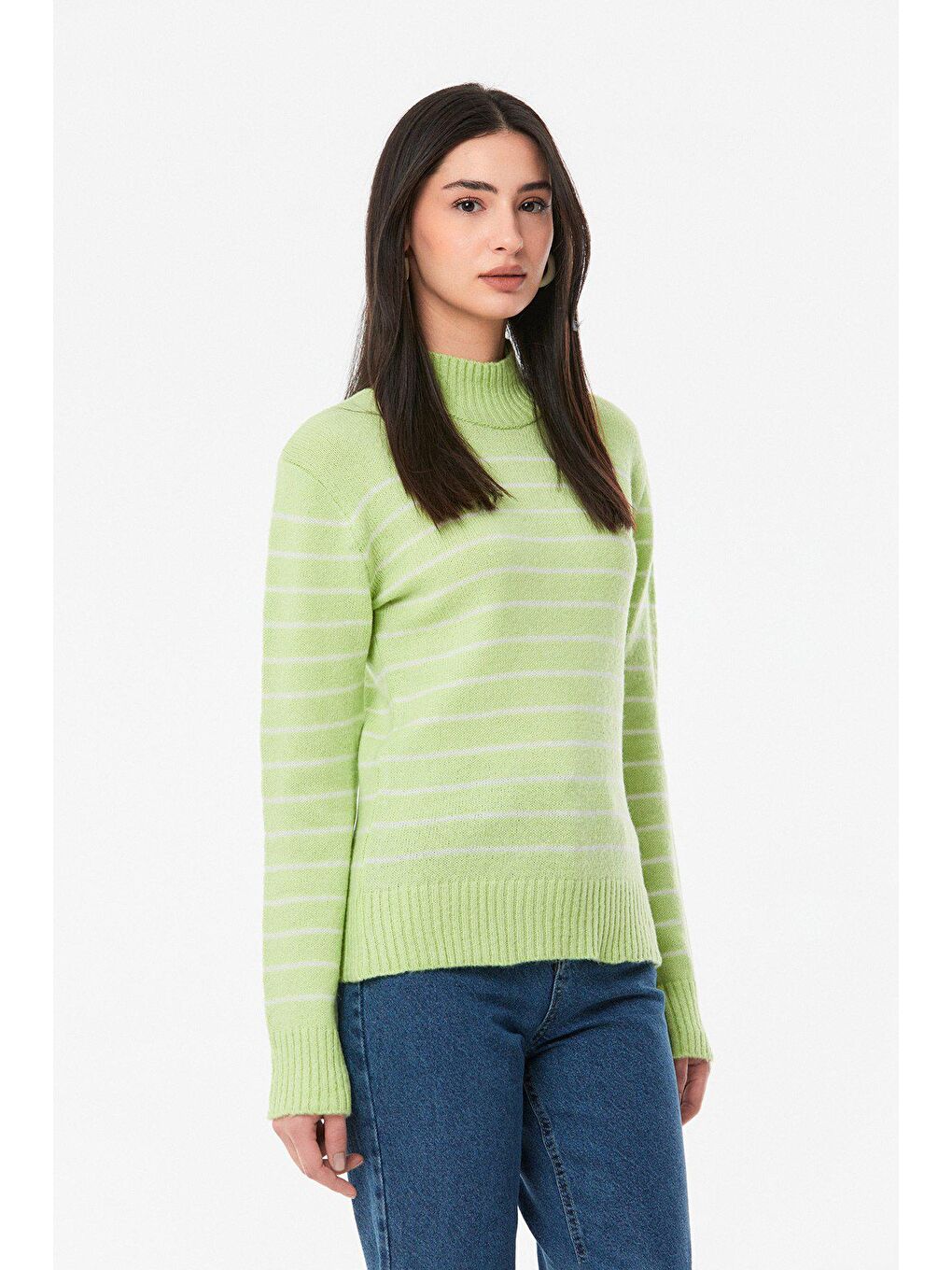 Yeşil Çizgili Dik Yaka Triko Kazak-2