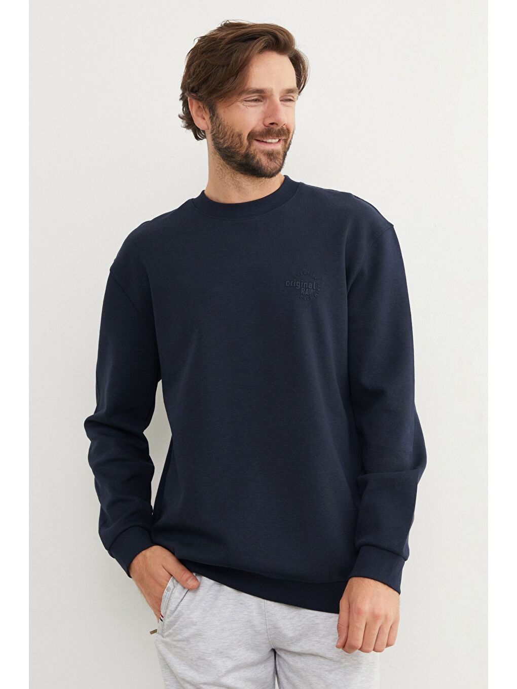 Lacivert Original Raw Kabartma Baskılı Büyük Beden Sweatshirt