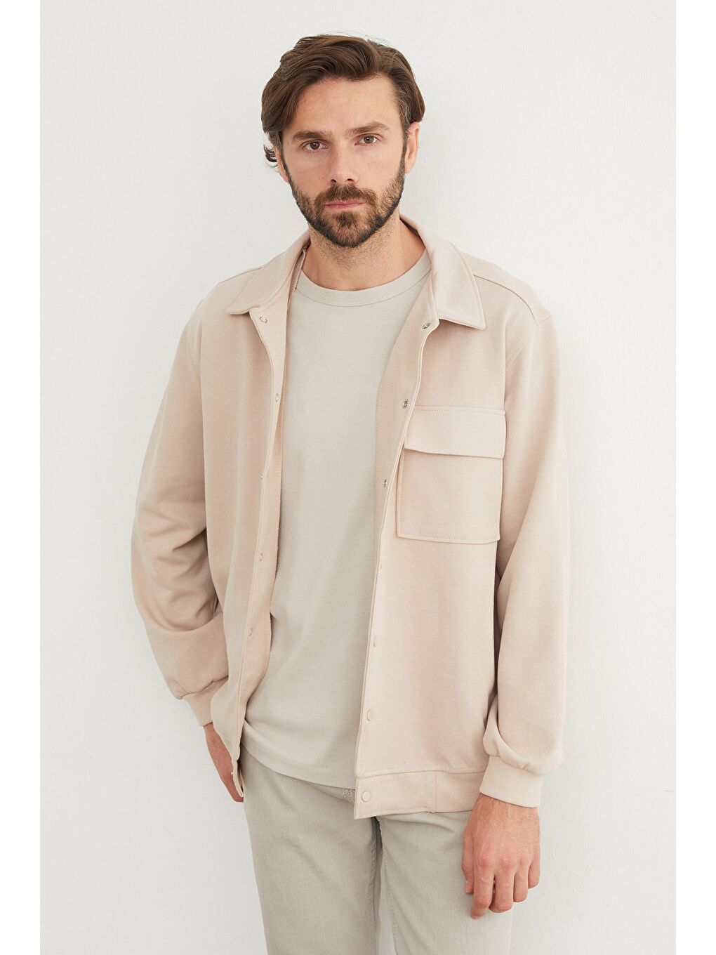 Bej Çıt Çıtlı Cepli Polo Yaka Ceket-2