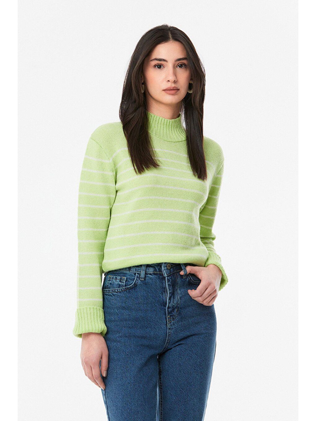 Yeşil Çizgili Dik Yaka Triko Kazak-3