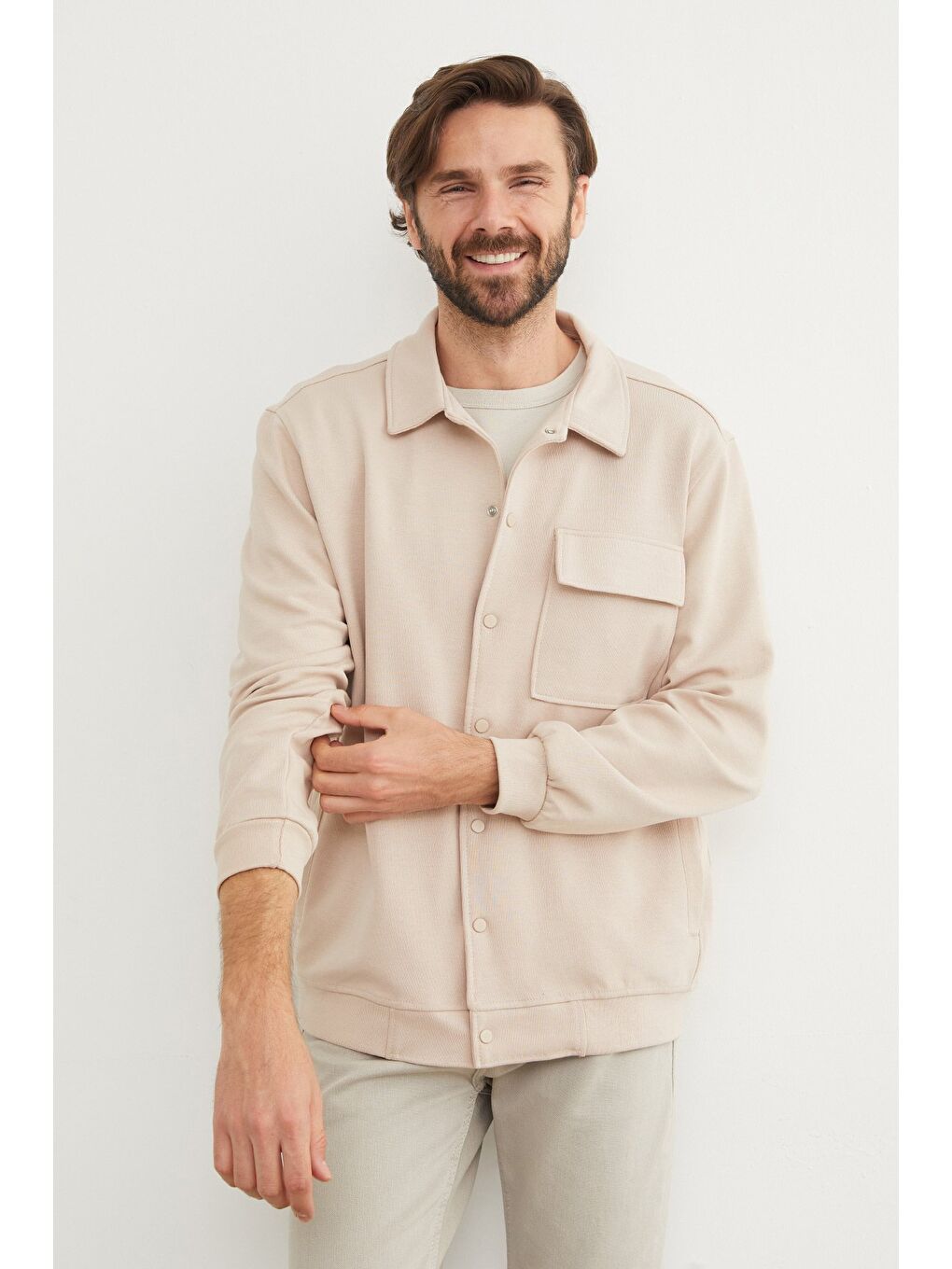 Bej Çıt Çıtlı Cepli Polo Yaka Ceket-3