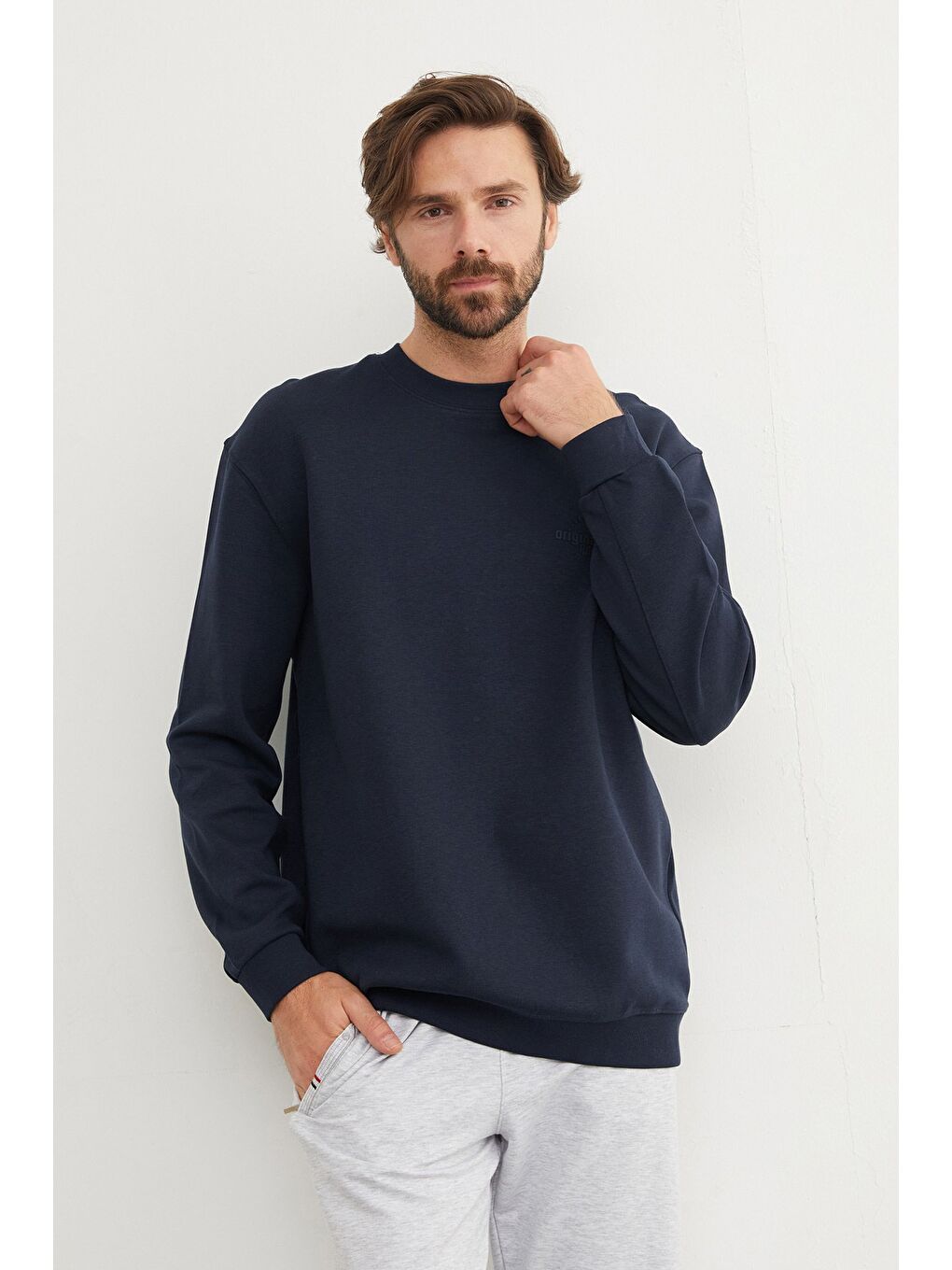 Lacivert Original Raw Kabartma Baskılı Büyük Beden Sweatshirt-1