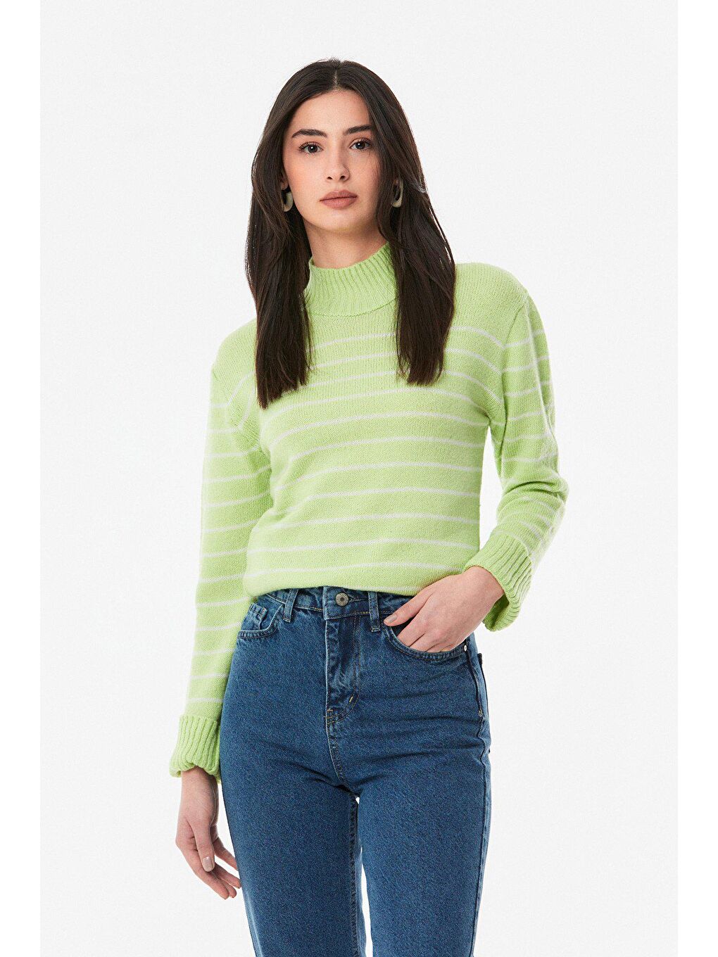 Yeşil Çizgili Dik Yaka Triko Kazak-4