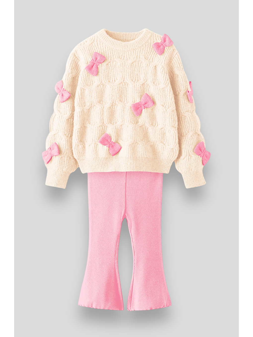 Beyaz Fiyonk Detaylı Triko Sweatshirt Tayt Alt-Üst Set Takım Kız Çocuk