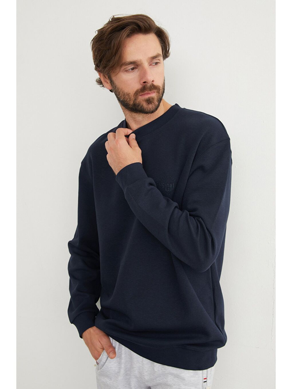 Lacivert Original Raw Kabartma Baskılı Büyük Beden Sweatshirt-3