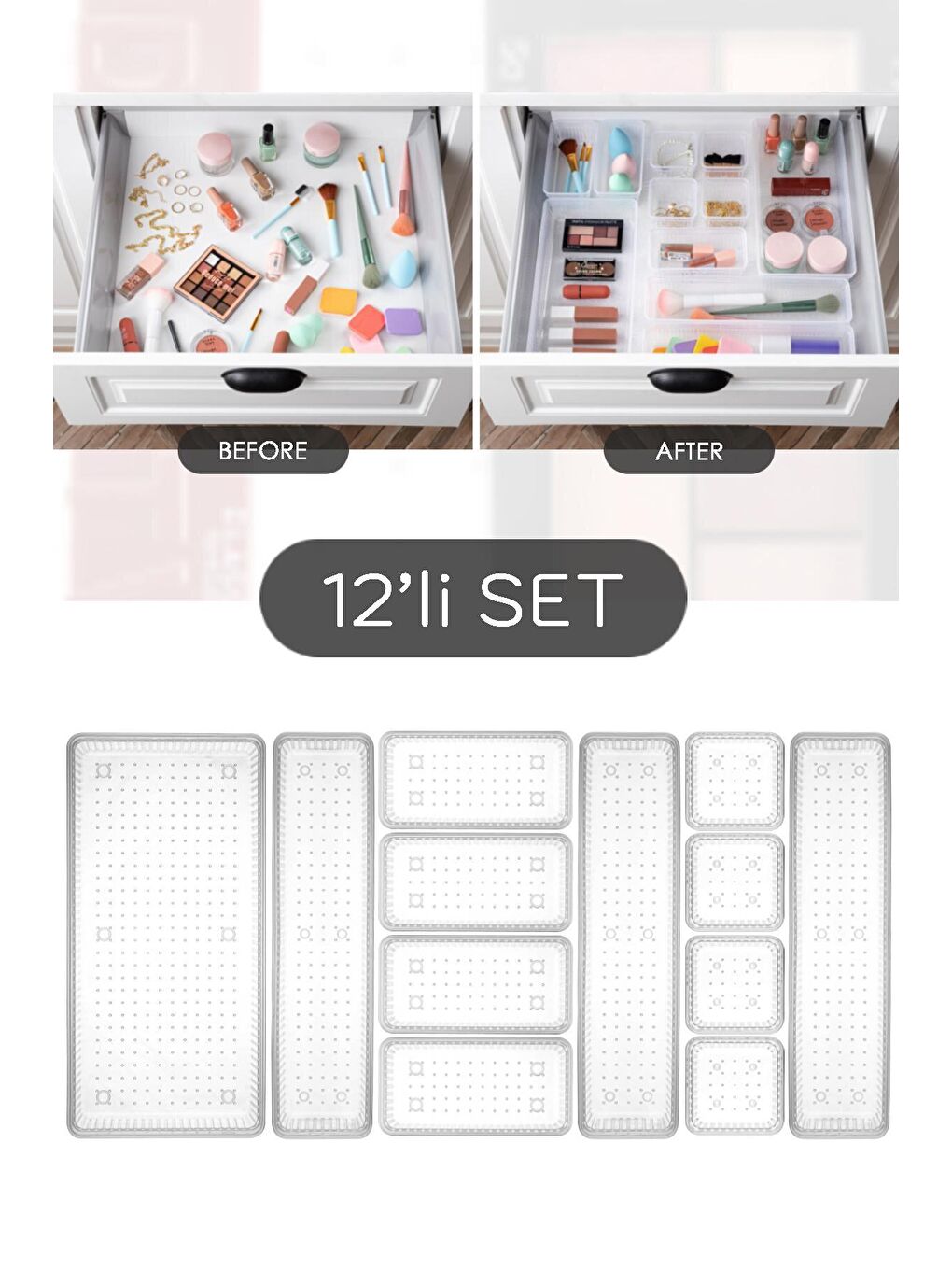 Renksiz 12'li Dolap İçi Takı Makyaj Organizer - Çekmece İçi Düzenleyici Set Şeffaf