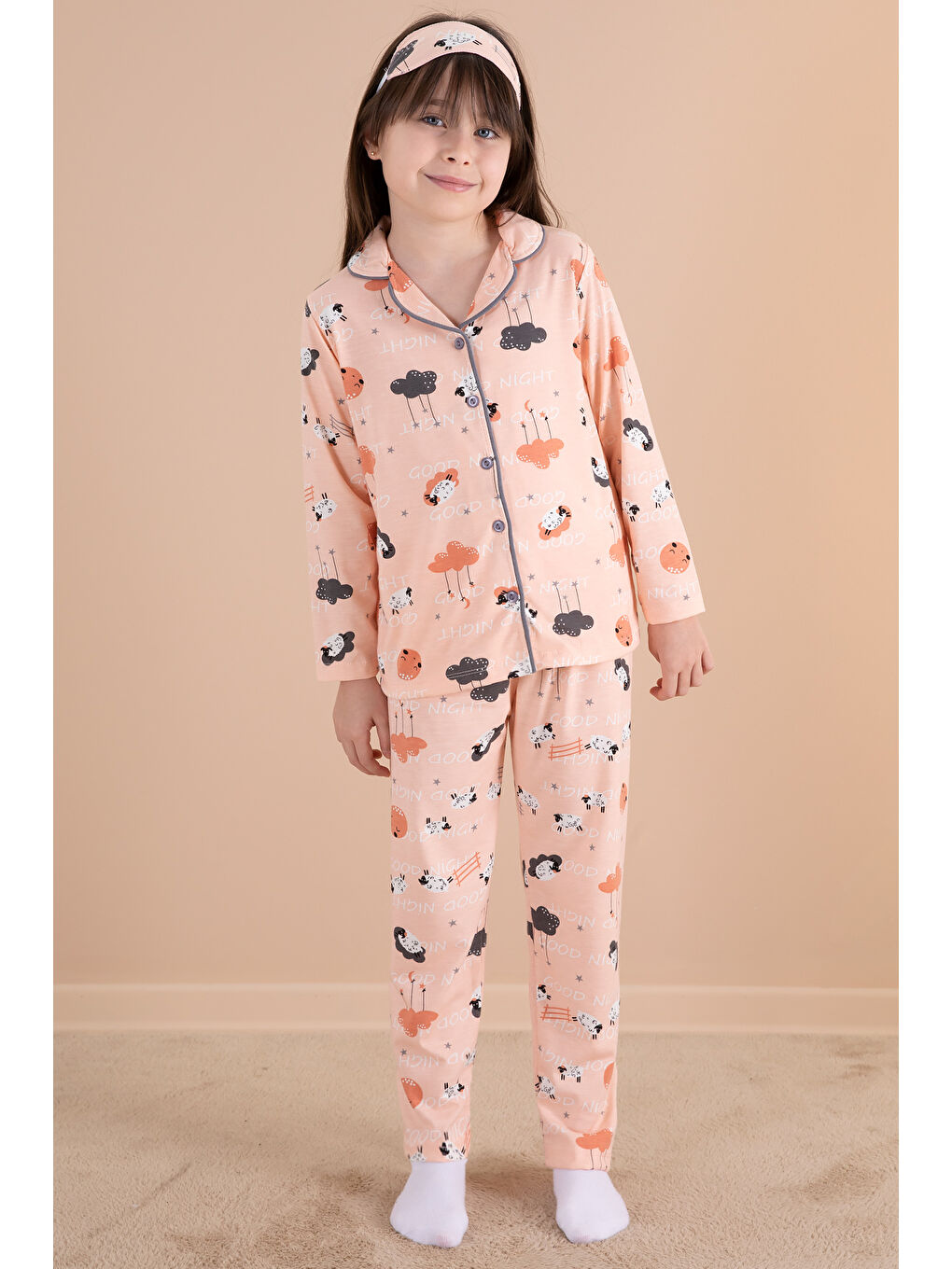 Pijakids Pembe Somon Kuzu Baskılı Kız Çocuk Pijama Takımı 20123