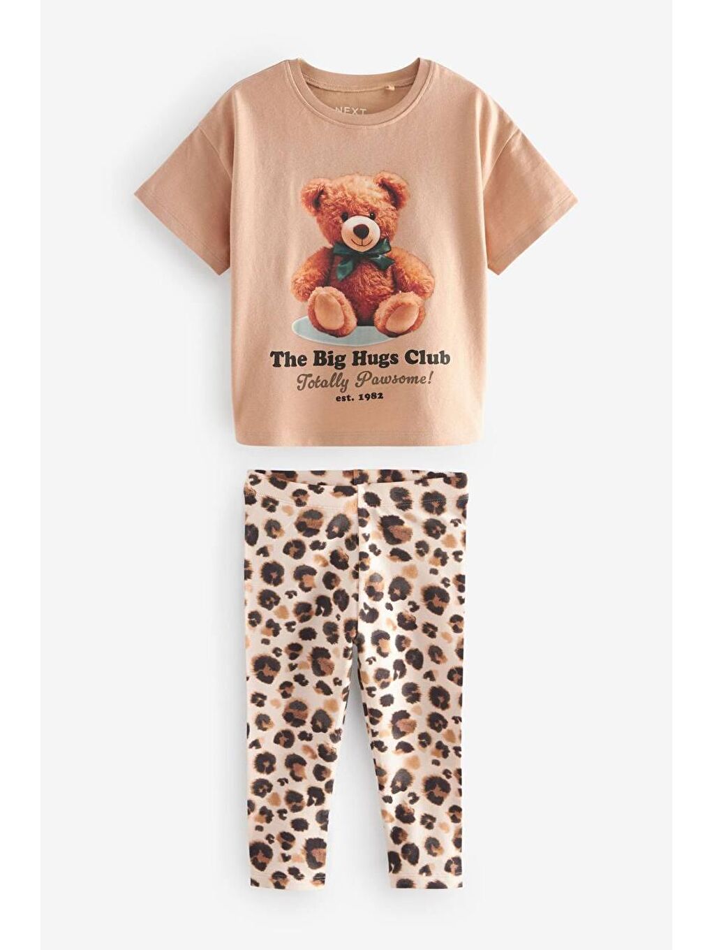 Beyaz Kız Çocuk Ayıcık Baskılı Tişört Ve Leopar Desenli Tayt Takım