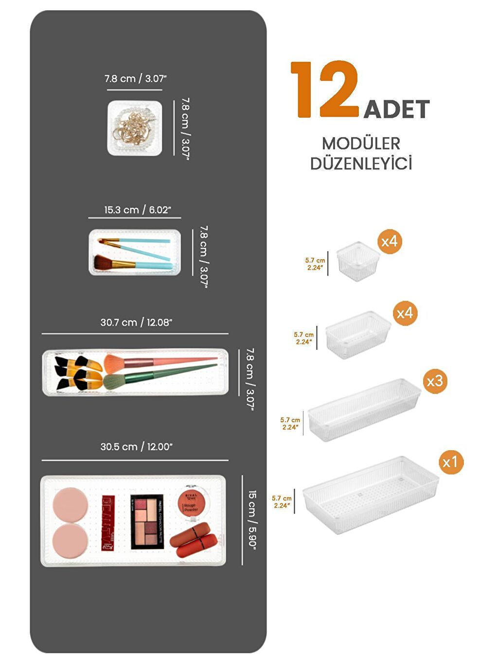 Renksiz 12'li Dolap İçi Takı Makyaj Organizer - Çekmece İçi Düzenleyici Set Şeffaf-1
