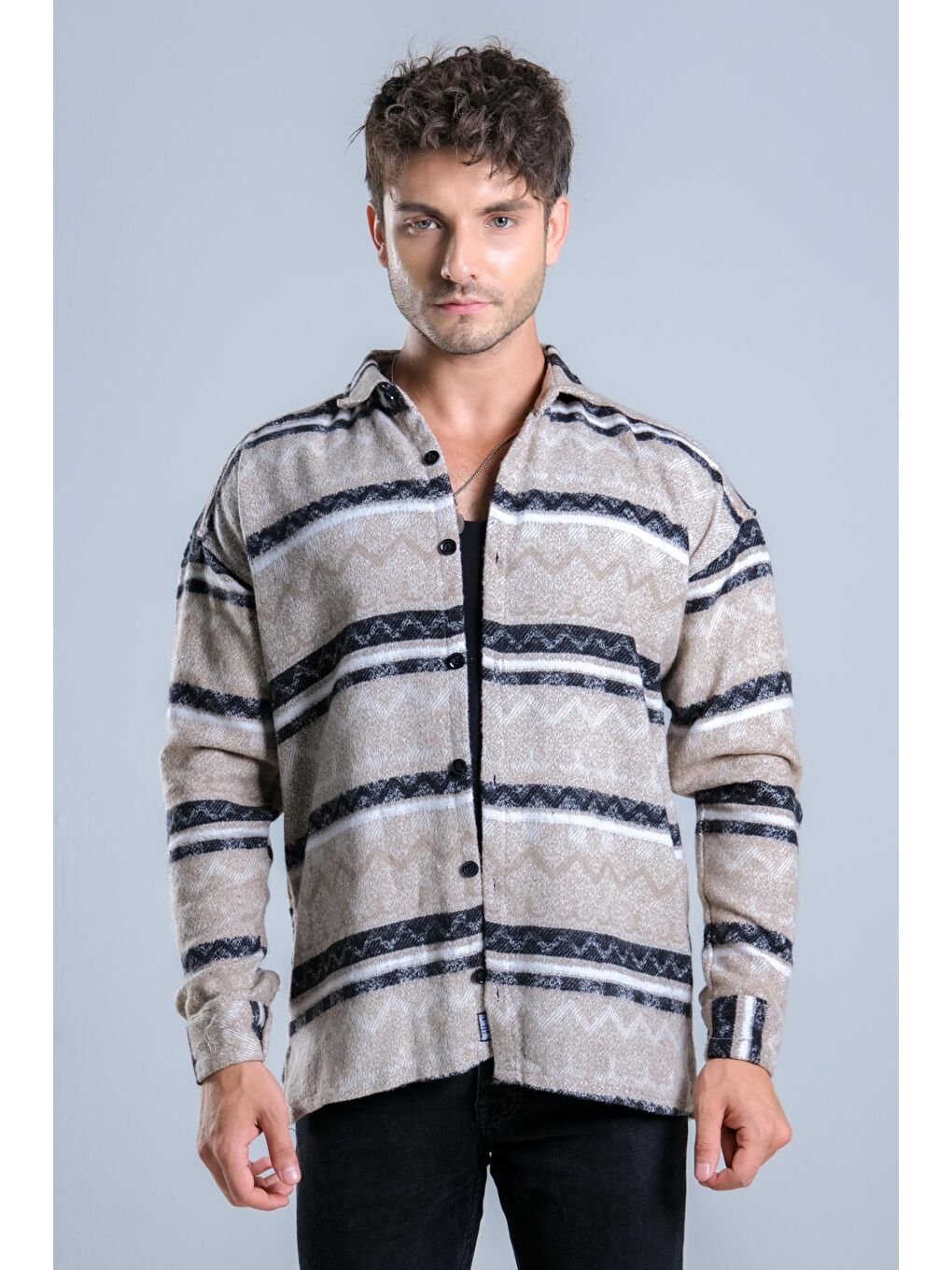 Bej Oversize Desenli Kışlık Erkek Gömlek MAR Over20