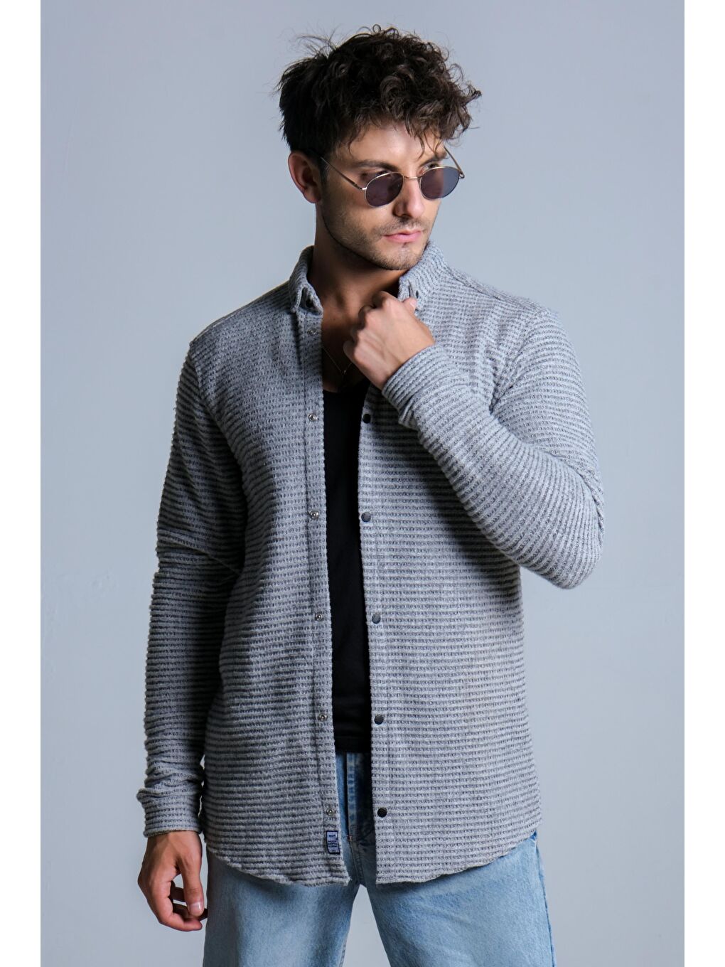 Gri Çıtçıt Düğmeli Kışlık Örme Gömlek MAR 4215-1