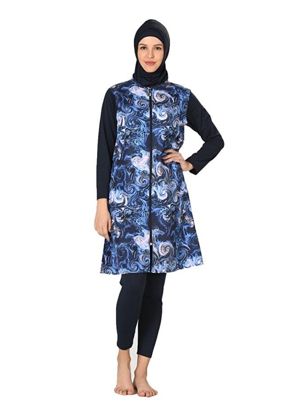 Mavi Tam Kapalı Paraşüt Kumaş Tesettür Mayo 3064-B