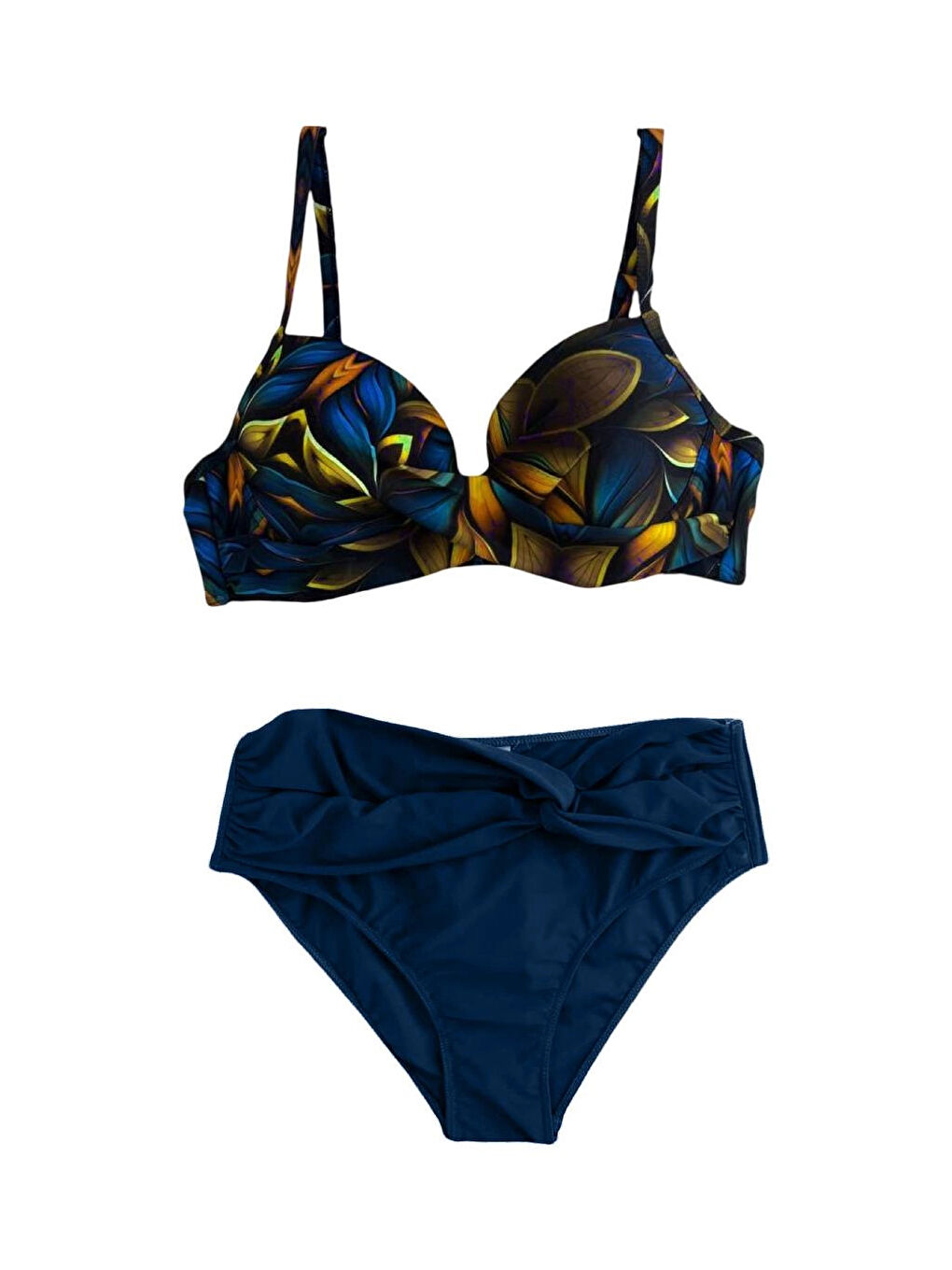 Kadın Lacivert Sarı Çiçek Desenli Astarlı Büyük Beden Bikini Takımı HZL25S-LC24108