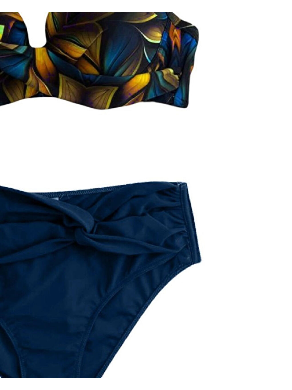 Kadın Lacivert Sarı Çiçek Desenli Astarlı Büyük Beden Bikini Takımı HZL25S-LC24108-1