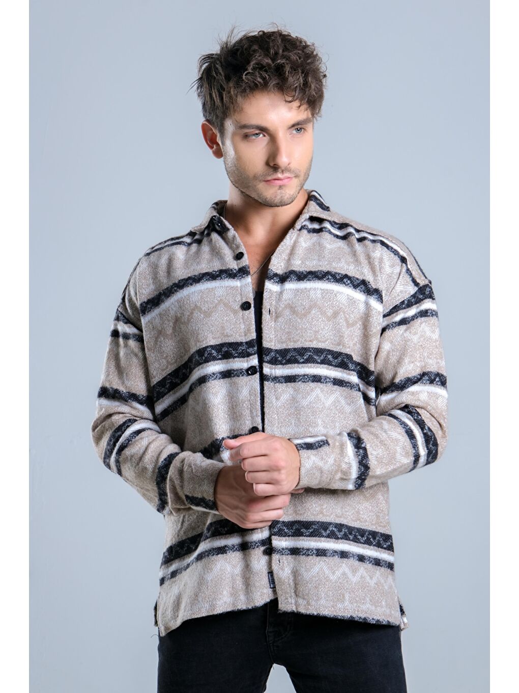 Bej Oversize Desenli Kışlık Erkek Gömlek MAR Over20-1