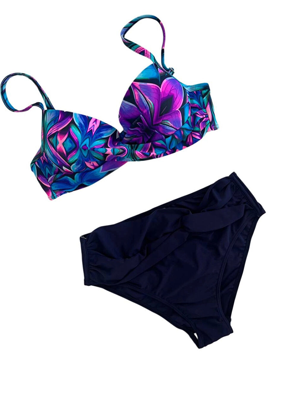 Kadın Lacivert Fuşya Çiçek Desenli Astarlı Büyük Beden Bikini Takımı HZL25S-LC24108-1