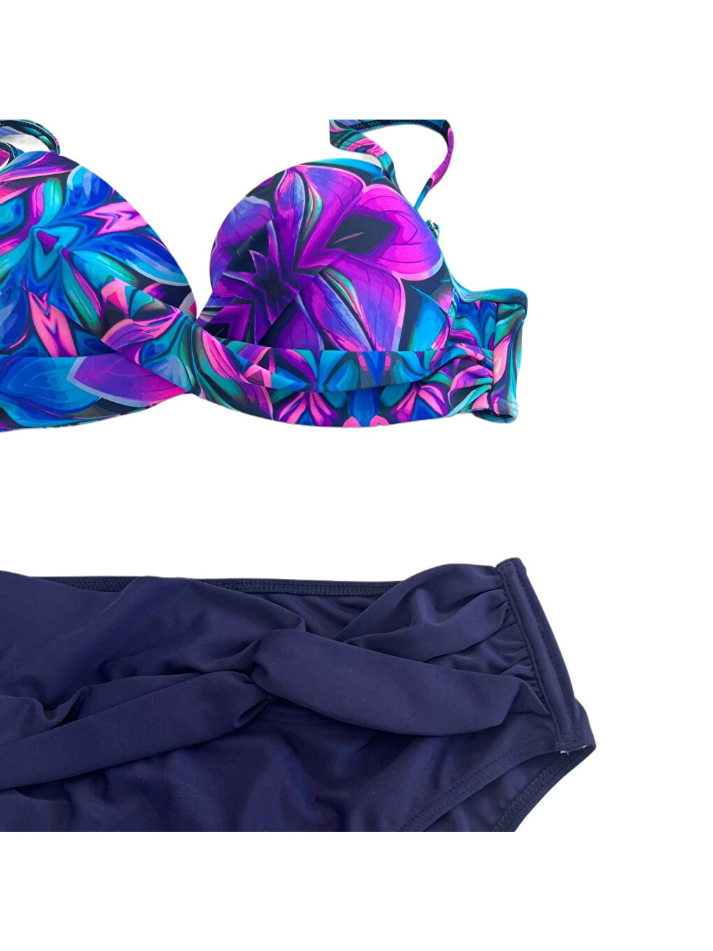 Kadın Lacivert Fuşya Çiçek Desenli Astarlı Büyük Beden Bikini Takımı HZL25S-LC24108-2