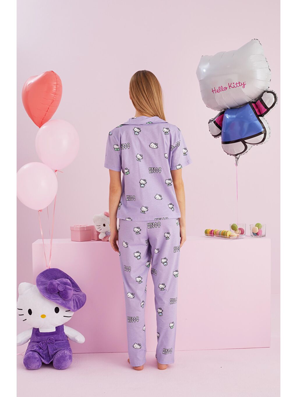 SİYAH İNCİ Lila Hello Kitty Lisanslı %100 Pamuk Lila Çok Renkli Bisklet Yaka Pijama Takım - 2